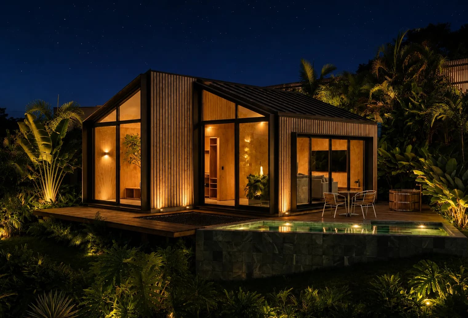 Cabana iluminada à noite, com piscina e mata ao redor