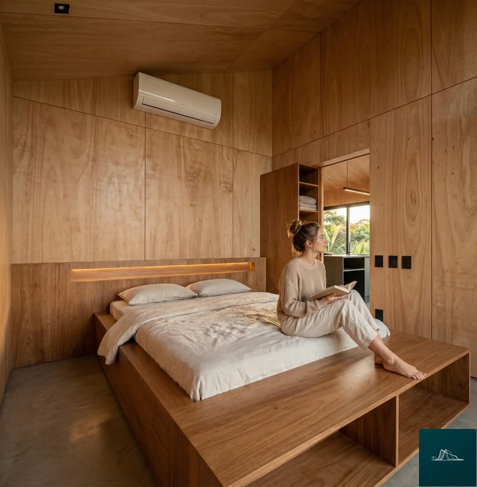 Quarto revestido em madeira com vista para a mata