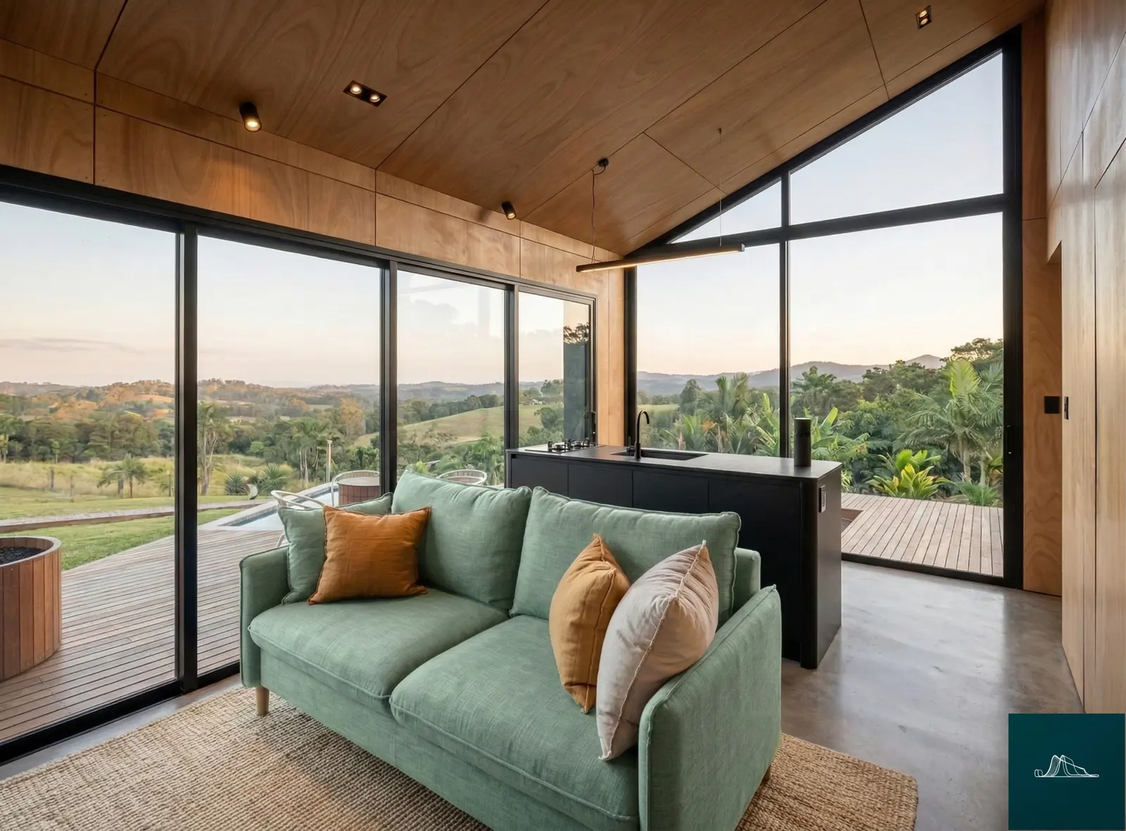 Sala de estar da cabana, com sofá e vista aberta para a serra